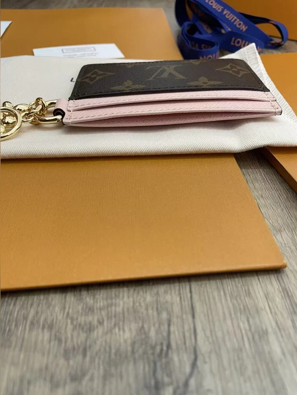 Louis Vuitton Monogram Card Holder with Pink Trim and Gold Charm Keyring